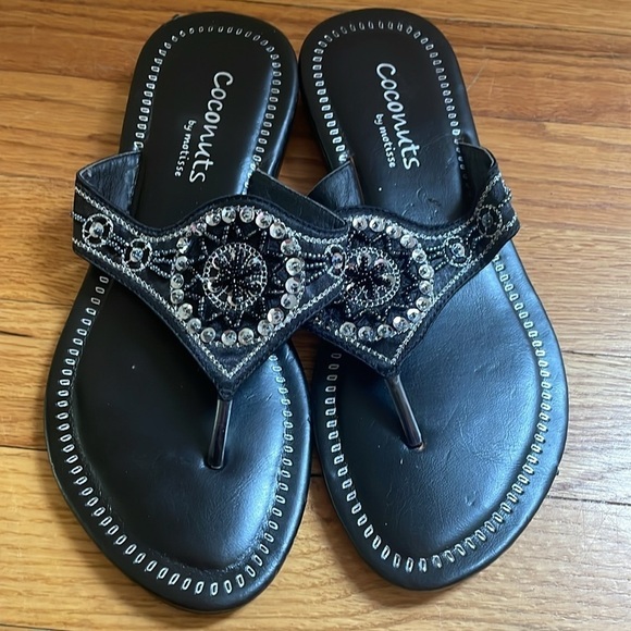Coconuts by Matisse Black Leather Thong Sandal Flip Flop Beaded Kelsey Shoe 7 - Picture 5 of 9